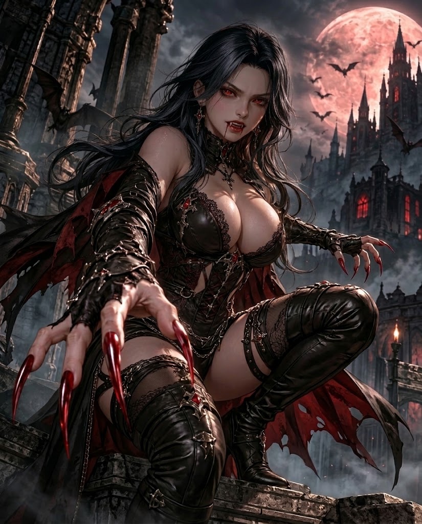 Stylized adult vampire warrior in a crimson gothic city